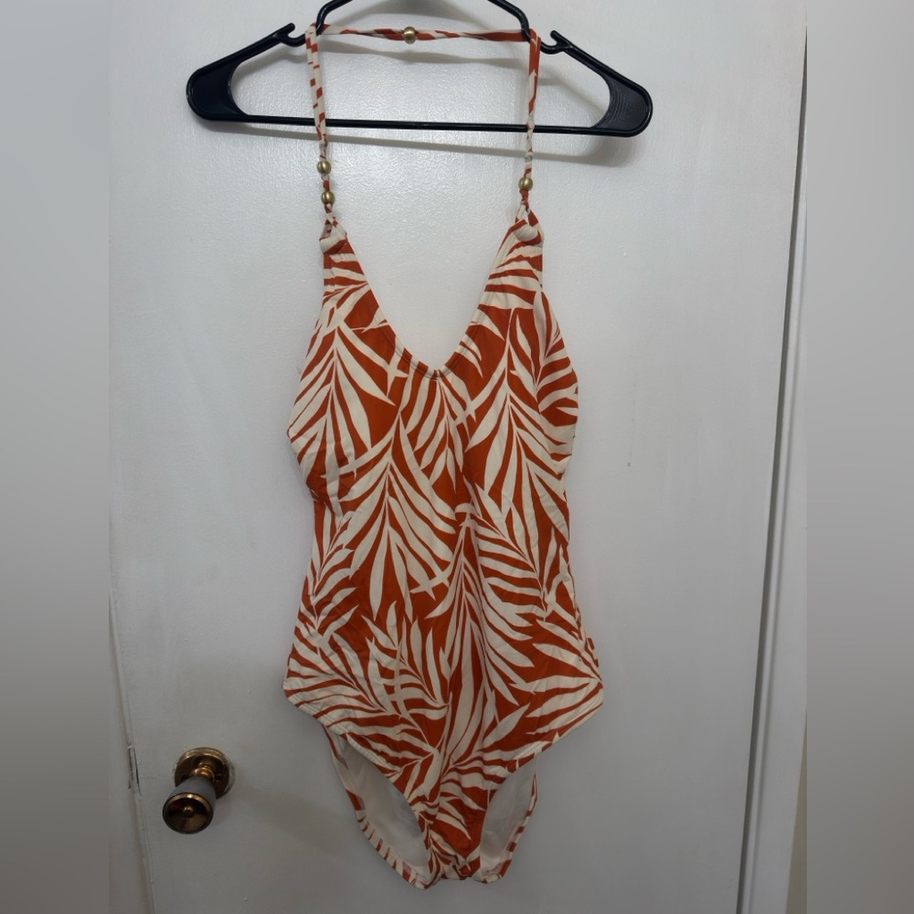 Shade & Shore Orange and White Leaf Print Swimsuit